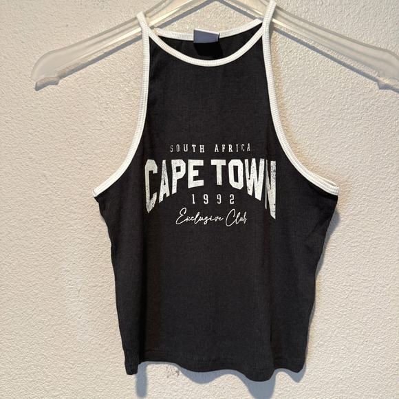 Bershka Tops - Bershka Womens Cape Town 1992 Ringer Halter Crop Top Black White Ribbed Size M